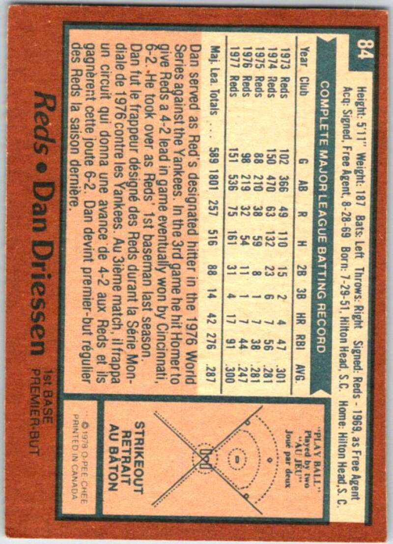 1978 O-Pee-Chee MLB #84 Dan Driessen Cincinnati Reds V48638