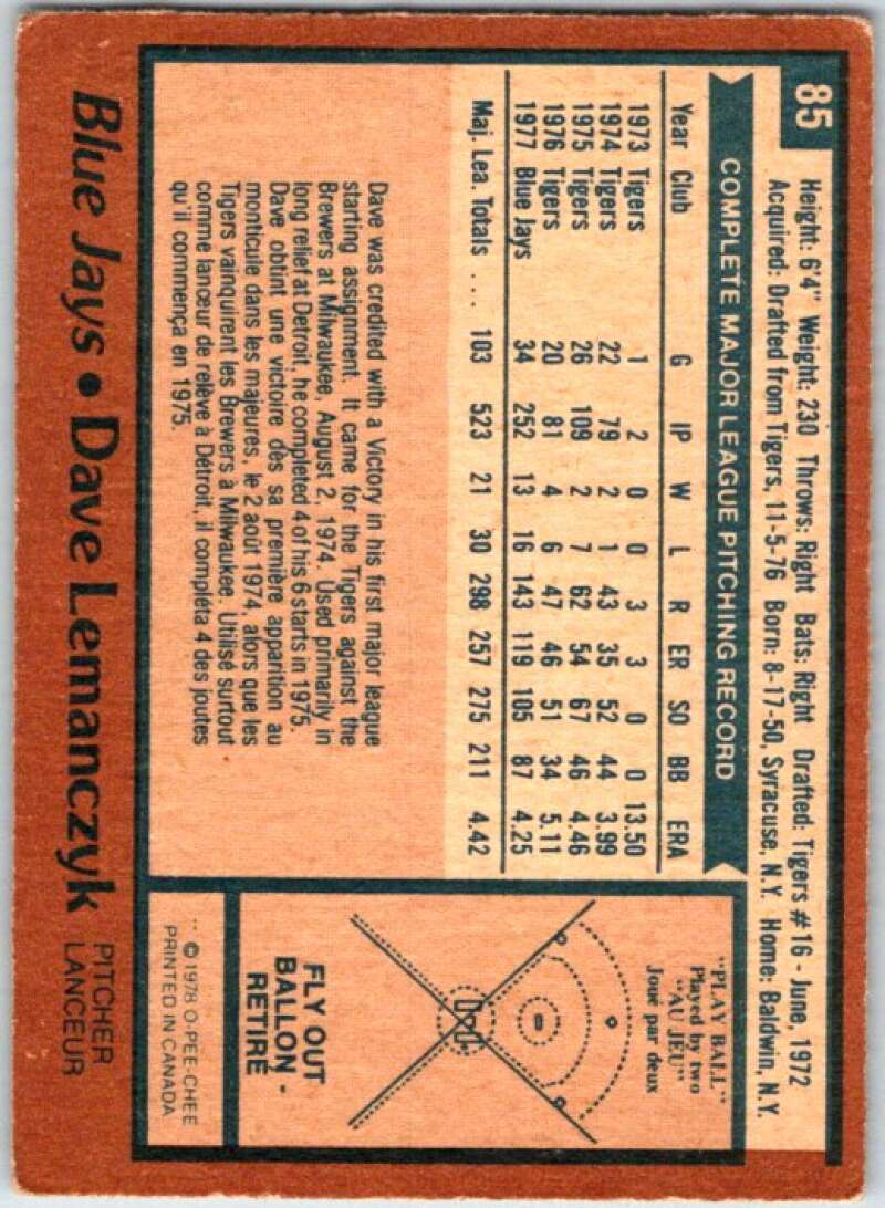 1978 O-Pee-Chee MLB #85 Dave Lemanczyk Toronto Blue Jays V48640