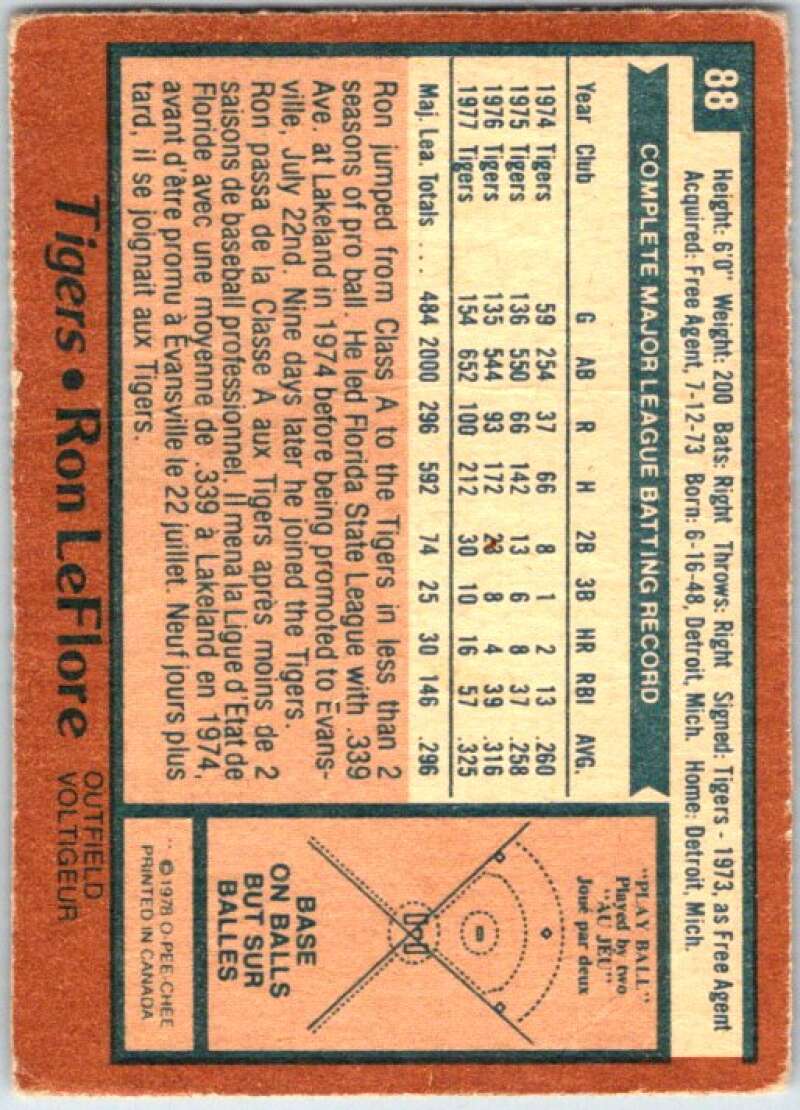 1978 O-Pee-Chee MLB #88 Ron LeFlore  Detroit Tigers  V48647