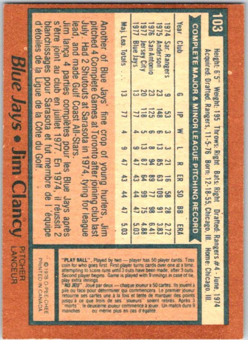 1978 O-Pee-Chee MLB #103 Jim Clancy DP Toronto Blue Jays V48676