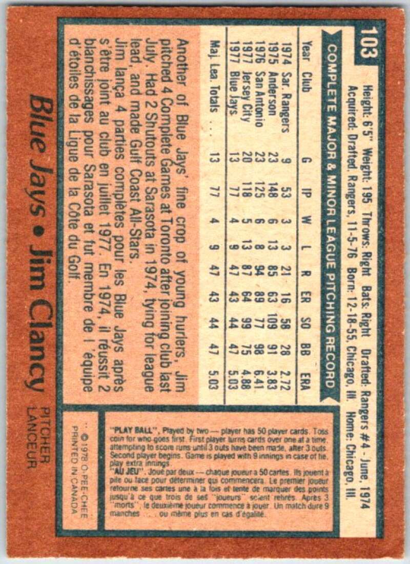 1978 O-Pee-Chee MLB #103 Jim Clancy DP Toronto Blue Jays V48678