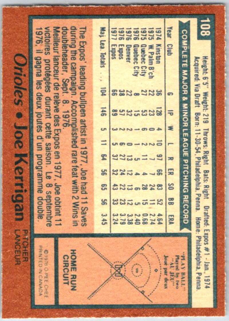 1978 O-Pee-Chee MLB #108 Joe Kerrigan V48686