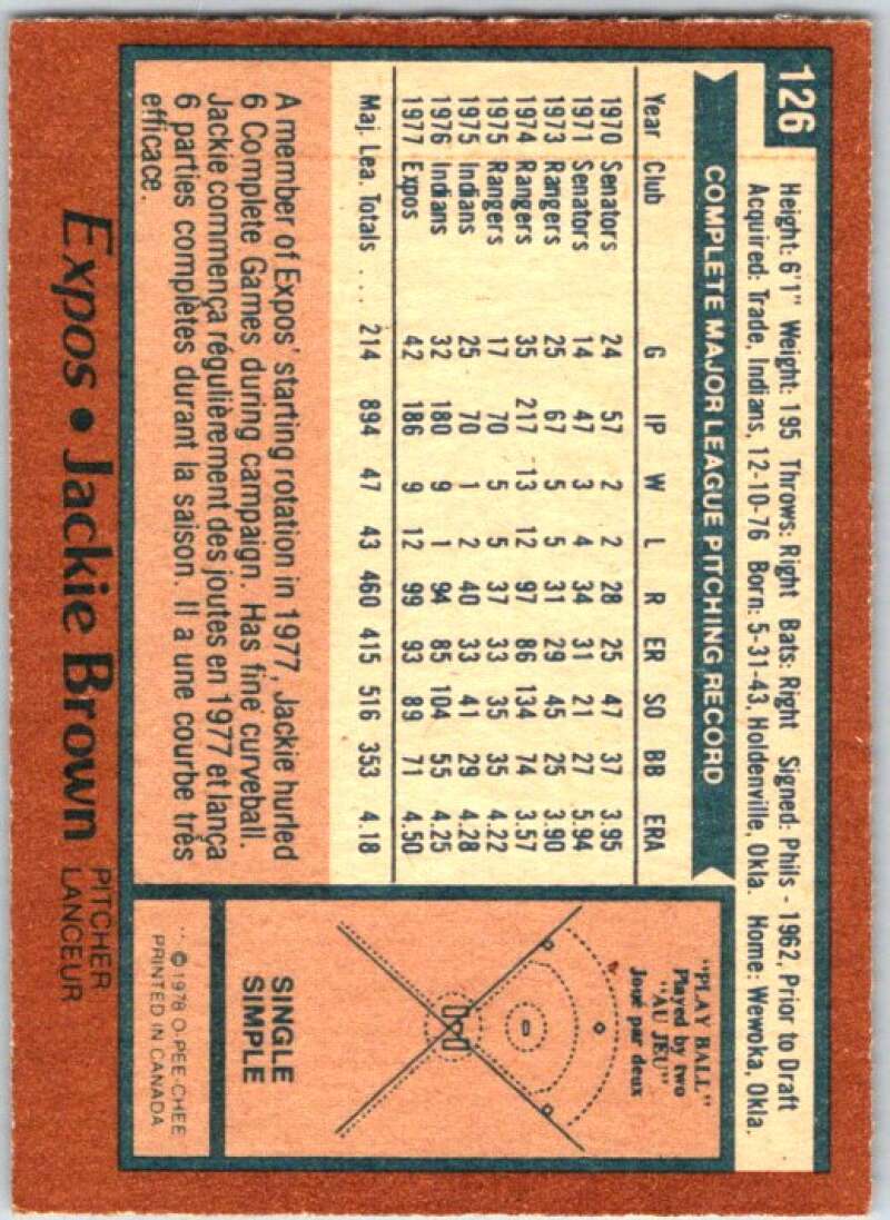 1978 O-Pee-Chee MLB #126 Jackie Brown Montreal Expos V48720