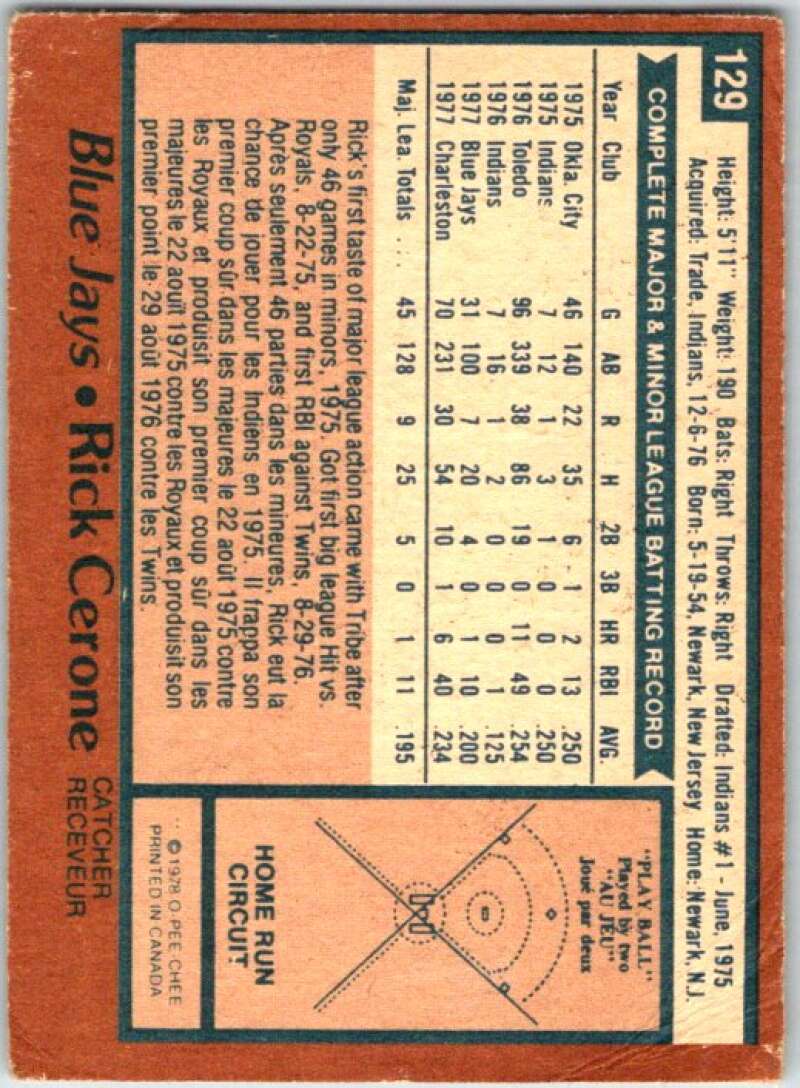 1978 O-Pee-Chee MLB #129 Rick Cerone Toronto Blue Jays V48726