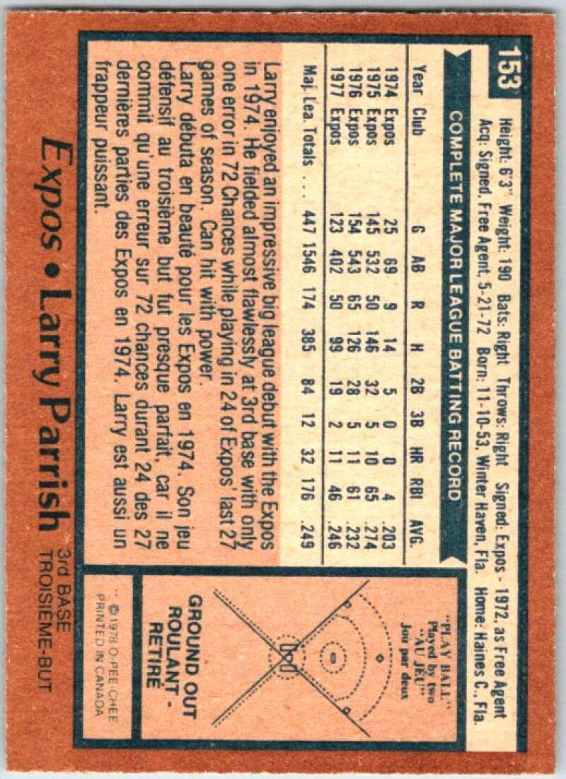 1978 O-Pee-Chee MLB #153 Larry Parrish Montreal Expos V48759
