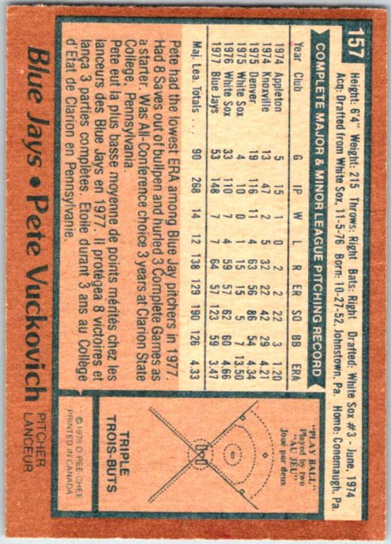 1978 O-Pee-Chee MLB #157 Pete Vuckovich Toronto Blue Jays V48766
