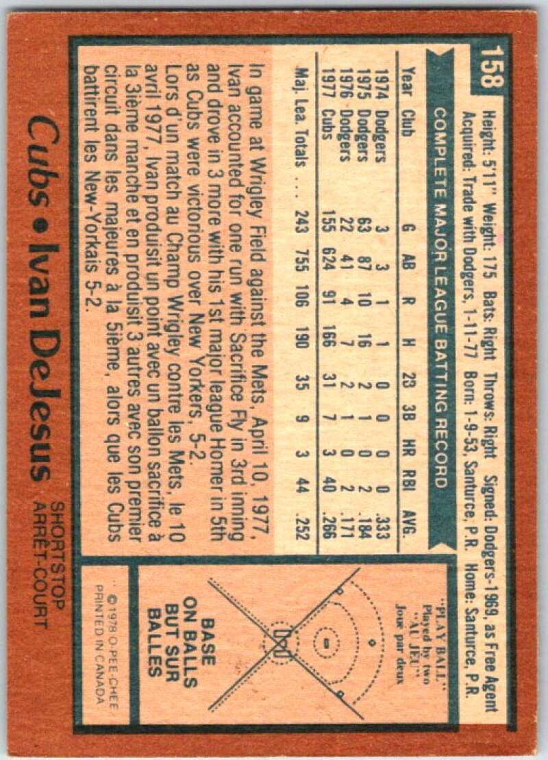1978 O-Pee-Chee MLB #158 Ivan DeJesus Chicago Cubs V48767
