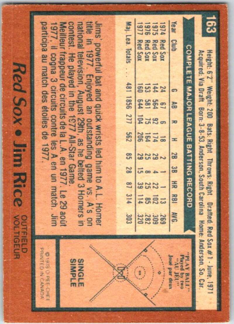 1978 O-Pee-Chee MLB #163 Jim Rice Boston Red Sox V48774