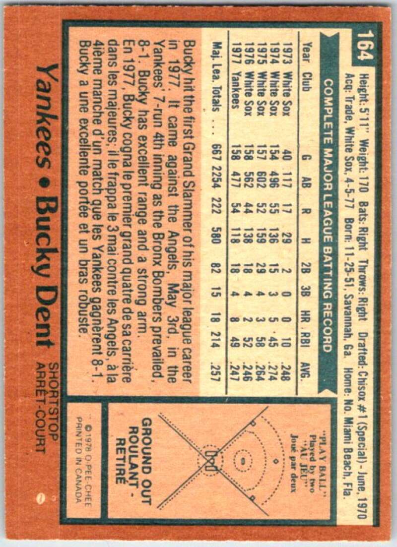 1978 O-Pee-Chee MLB #164 Bucky Dent New York Yankees V48777