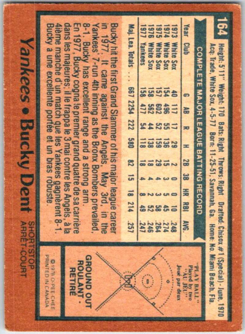 1978 O-Pee-Chee MLB #164 Bucky Dent New York Yankees V48778