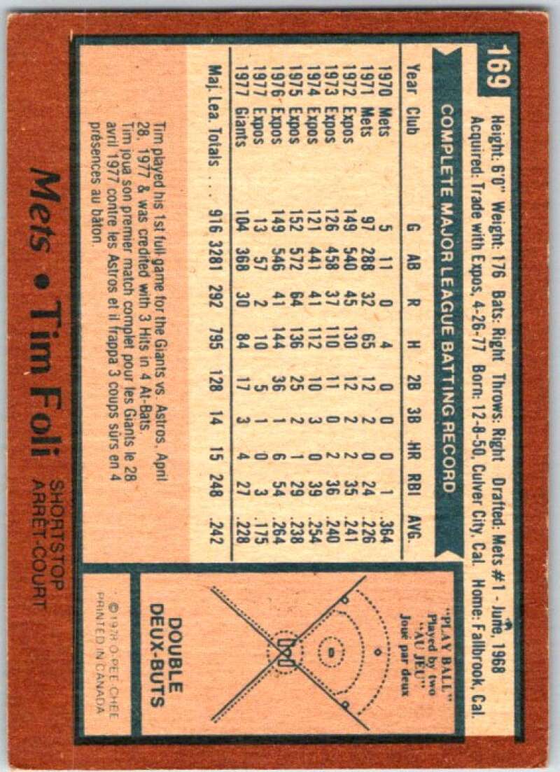 1978 O-Pee-Chee MLB #169 Tim Foli Mets/Giants V48789
