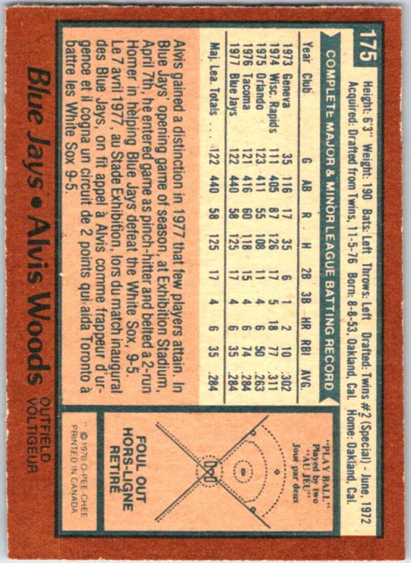 1978 O-Pee-Chee MLB #175 Alvis Woods Toronto Blue Jays V48794