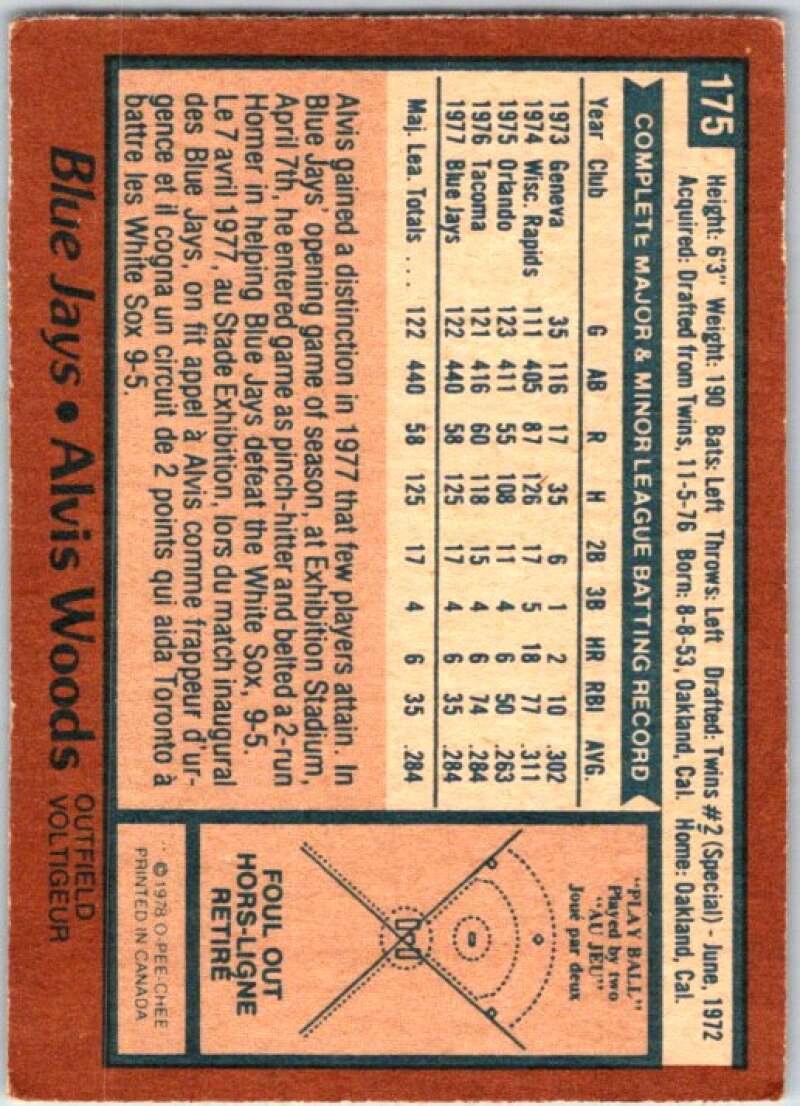 1978 O-Pee-Chee MLB #175 Alvis Woods Toronto Blue Jays V48797