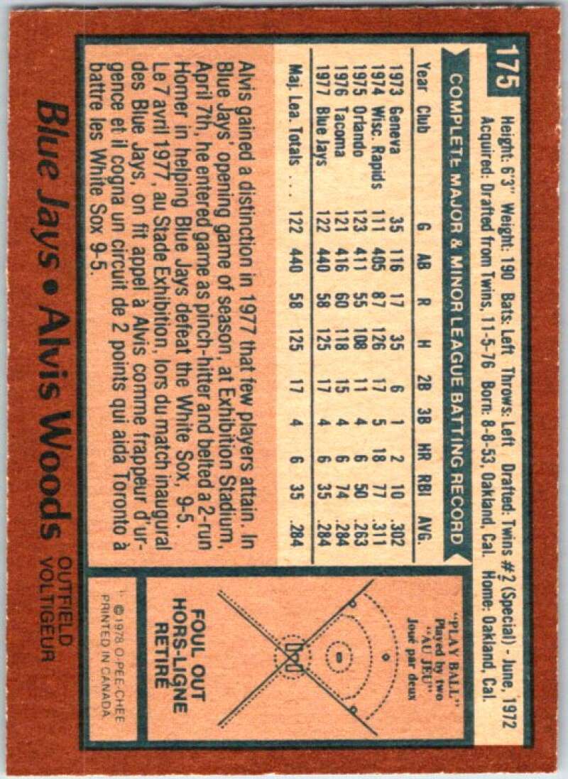 1978 O-Pee-Chee MLB #175 Alvis Woods Toronto Blue Jays V48798