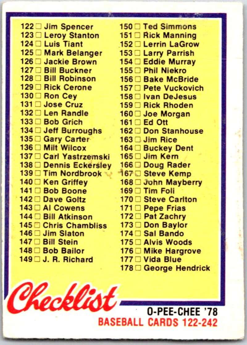 1978 O-Pee-Chee MLB #183 Checklist 122-242 V48811