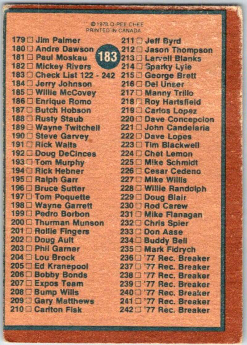 1978 O-Pee-Chee MLB #183 Checklist 122-242 V48812