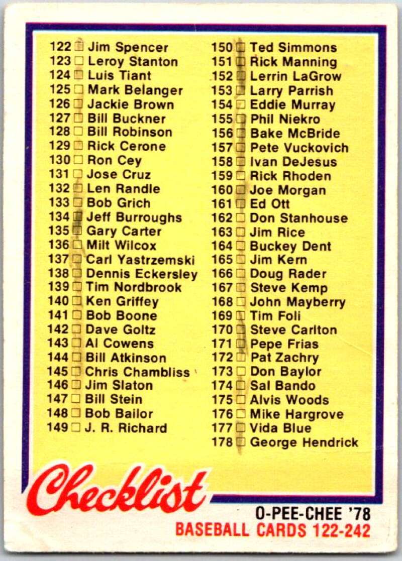 1978 O-Pee-Chee MLB #183 Checklist 122-242 V48813