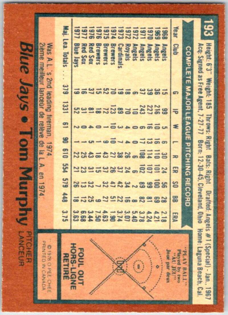 1978 O-Pee-Chee MLB #193 Tom Murphy Toronto Blue Jays V48831
