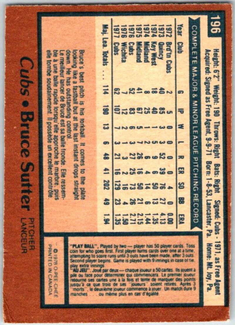 1978 O-Pee-Chee MLB #196 Bruce Sutter Chicago Cubs V48837