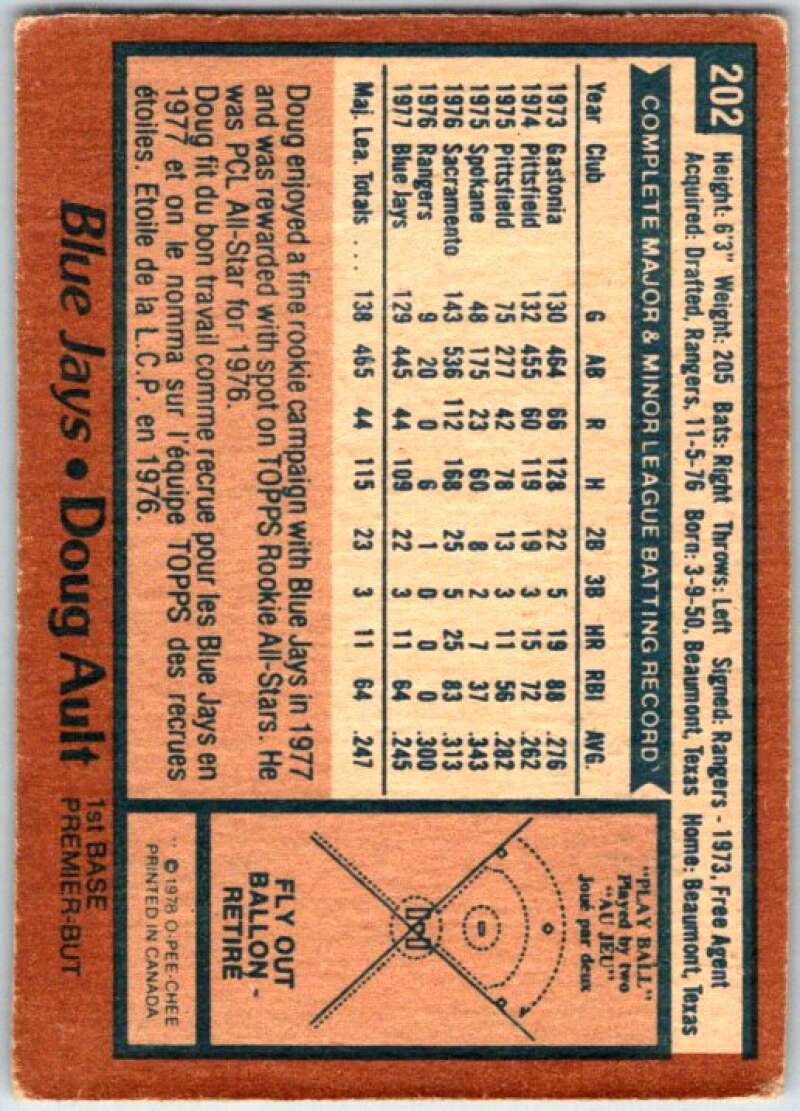 1978 O-Pee-Chee MLB #202 Doug Ault Toronto Blue Jays V48846