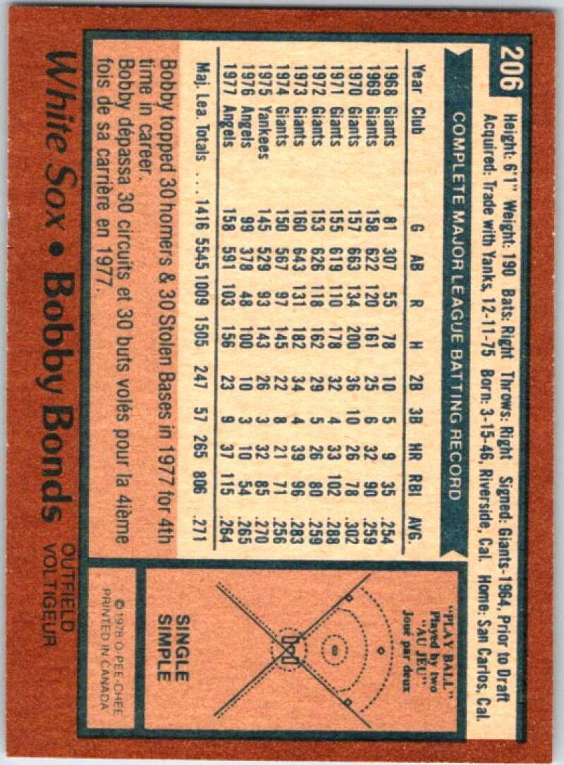 1978 O-Pee-Chee MLB #206 Bobby Bonds White Sox/Angels V48852
