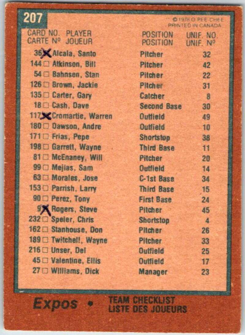 1978 O-Pee-Chee MLB #207 Expos Team DP Montreal Expos V48856