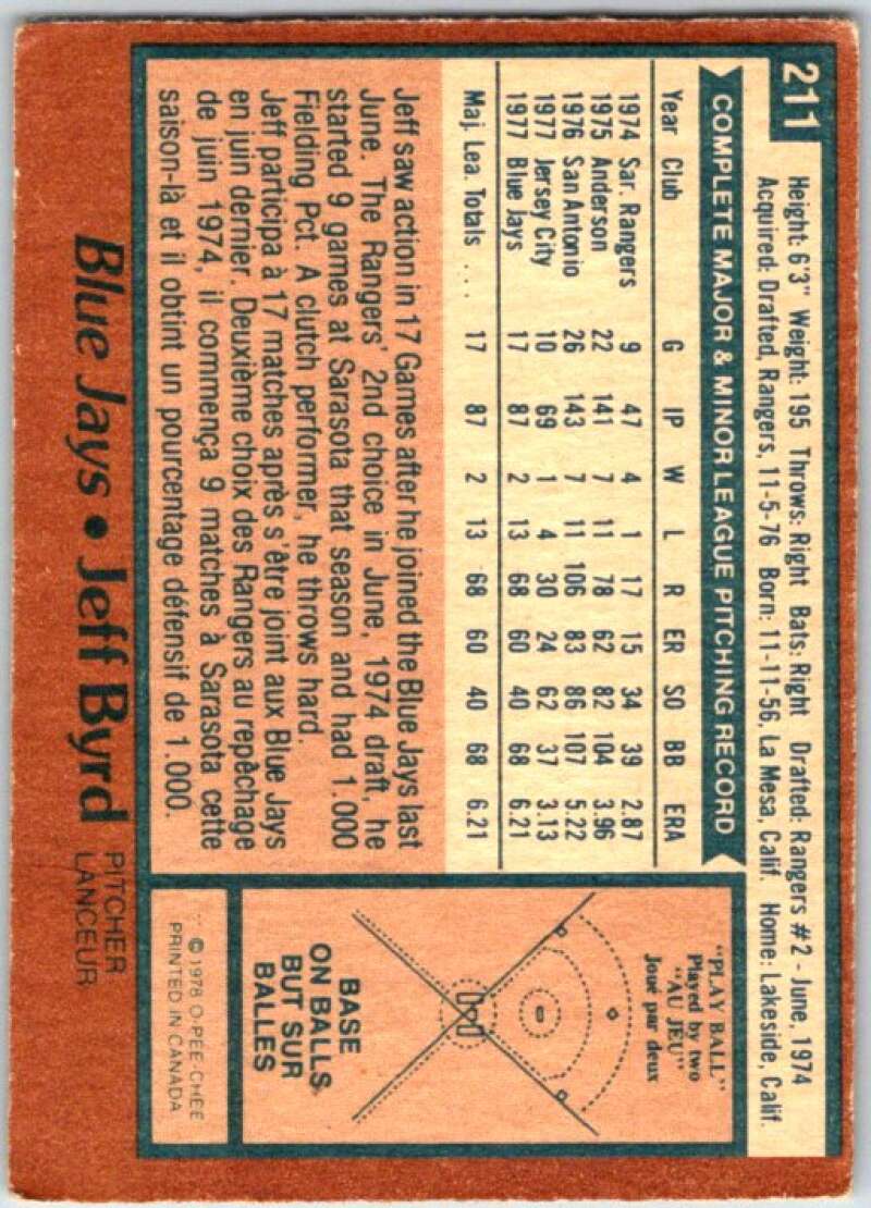 1978 O-Pee-Chee MLB #211 Jeff Byrd Toronto Blue Jays V48861