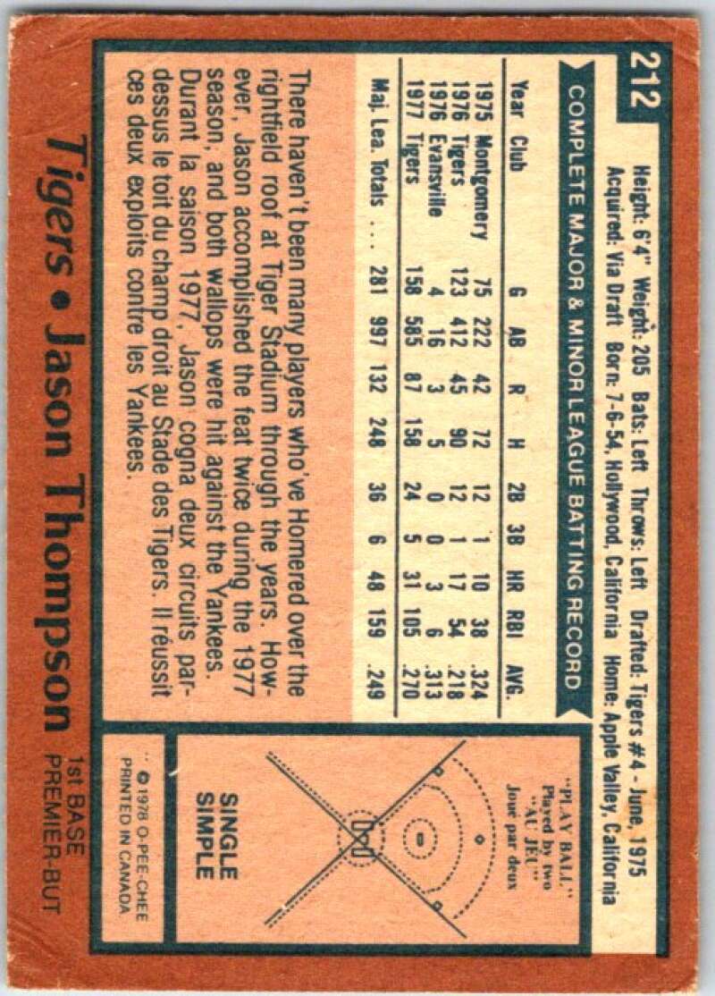 1978 O-Pee-Chee MLB #212 Jason Thompson Detroit Tigers V48863