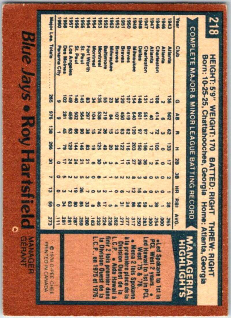 1978 O-Pee-Chee MLB #218 Roy Hartsfield MG Toronto Blue Jays V48872