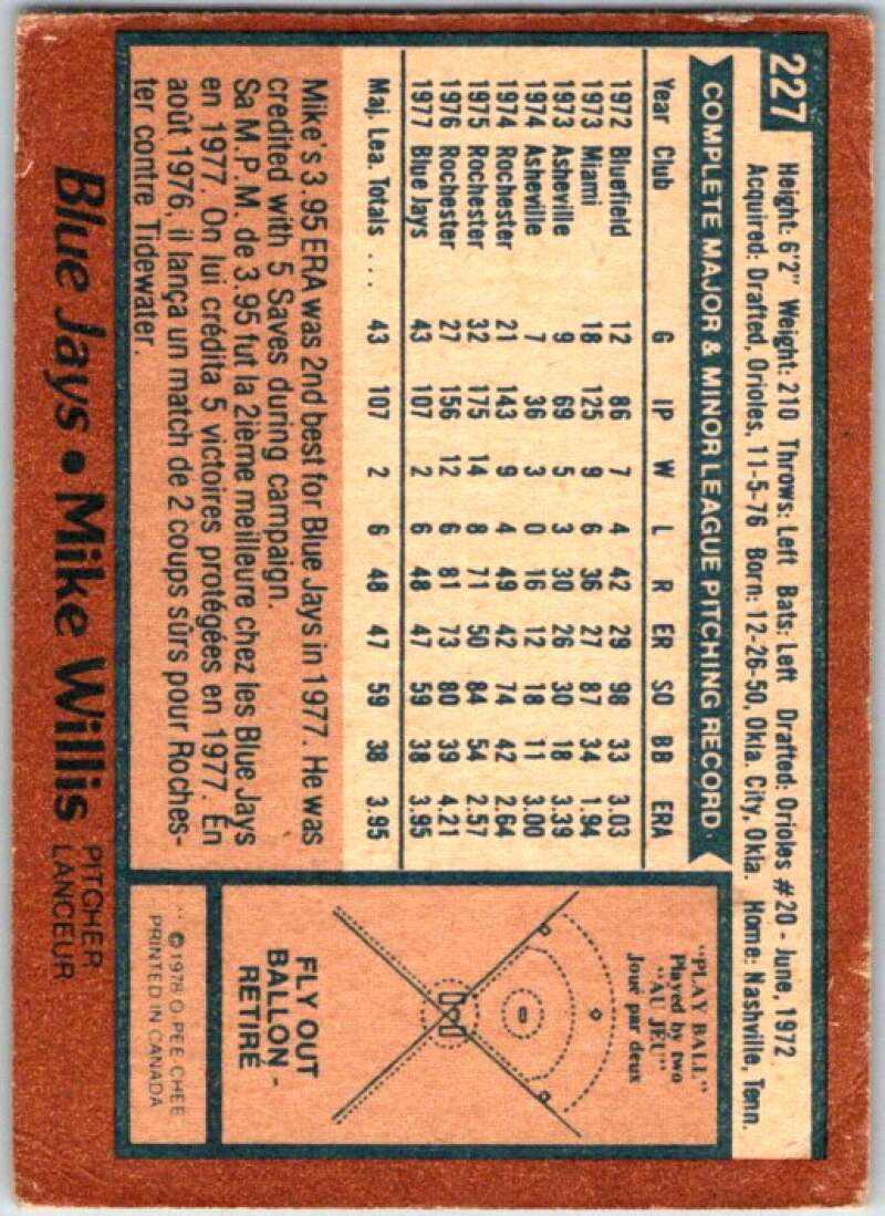 1978 O-Pee-Chee MLB #227 Mike Willis Toronto Blue Jays V48884