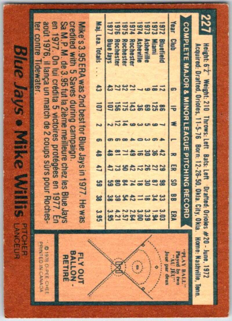 1978 O-Pee-Chee MLB #227 Mike Willis Toronto Blue Jays V48885