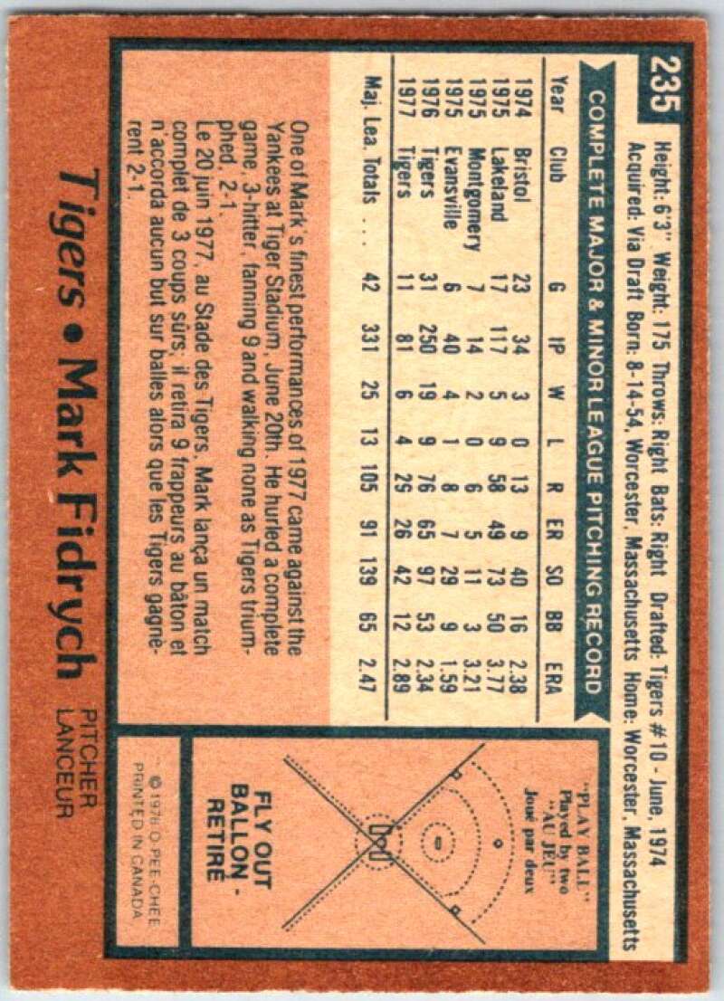 1978 O-Pee-Chee MLB #235 Mark Fidrych Detroit Tigers V48898