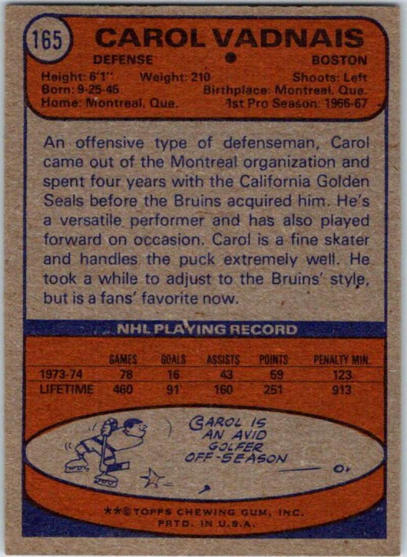 1974-75 Topps #165 Carol Vadnais Boston Bruins V49019