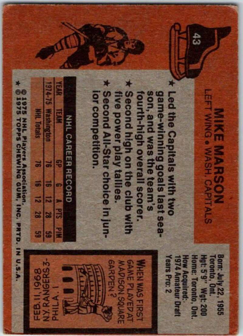 1975-76 Topps #43 Mike Marson RC Rookie Washington Capitals V49055