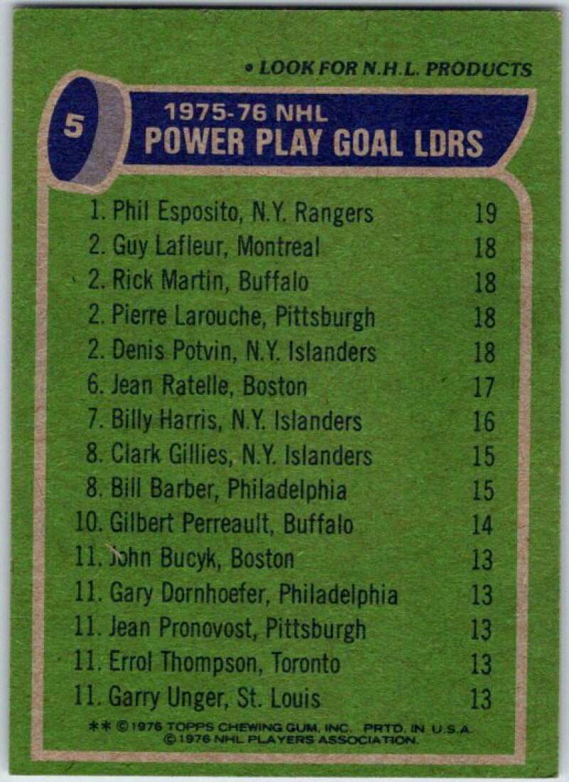 1976-77 Topps #5 Esposito/Lafleur/Martin/Larouche/ Potvin LL V49162