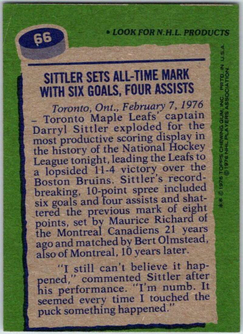 1976-77 Topps #66 Darryl Sittler RB Toronto Maple Leafs V49179