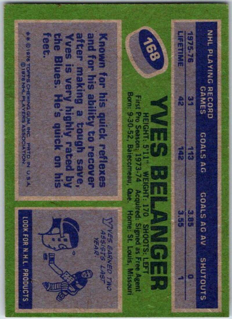 1976-77 Topps #168 Yves Belanger RC Rookie V49207