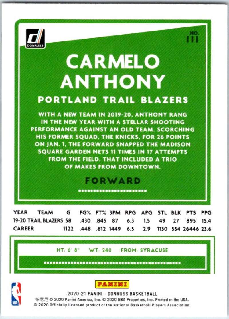 2020-21 Donruss #111 Carmelo Anthony Portland Trail Blazers V49410