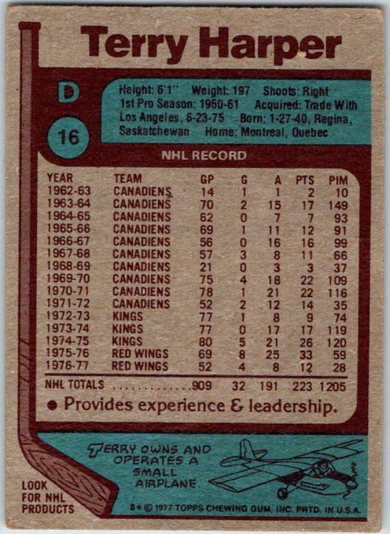 1977-78 Topps #16 Terry Harper Detroit Red Wings V49241