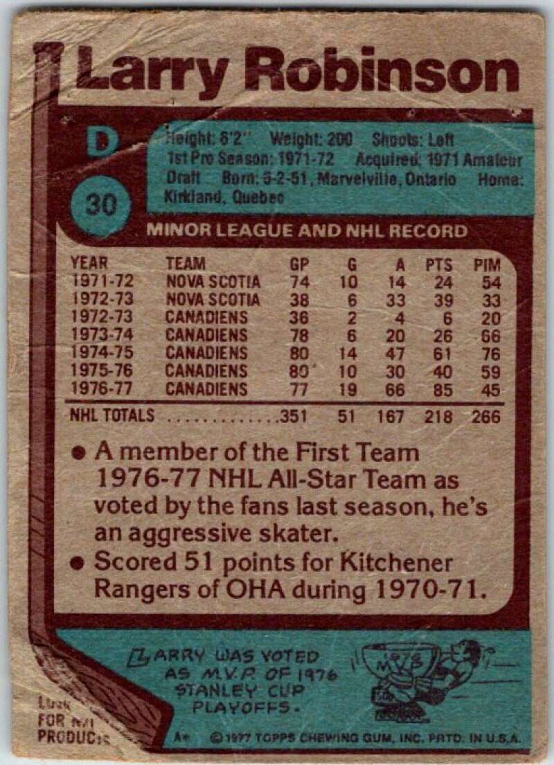 1977-78 Topps #30 Larry Robinson AS Montreal Canadiens V49254