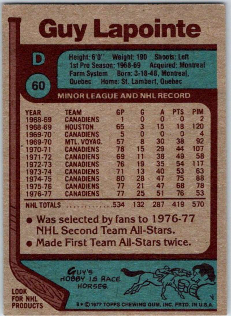 1977-78 Topps #60 Guy Lapointe AS Montreal Canadiens V49273