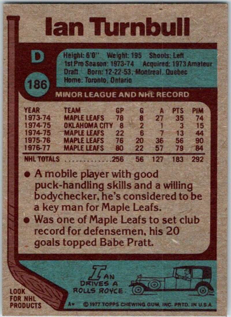 1977-78 Topps #186 Ian Turnbull Toronto Maple Leafs V49361