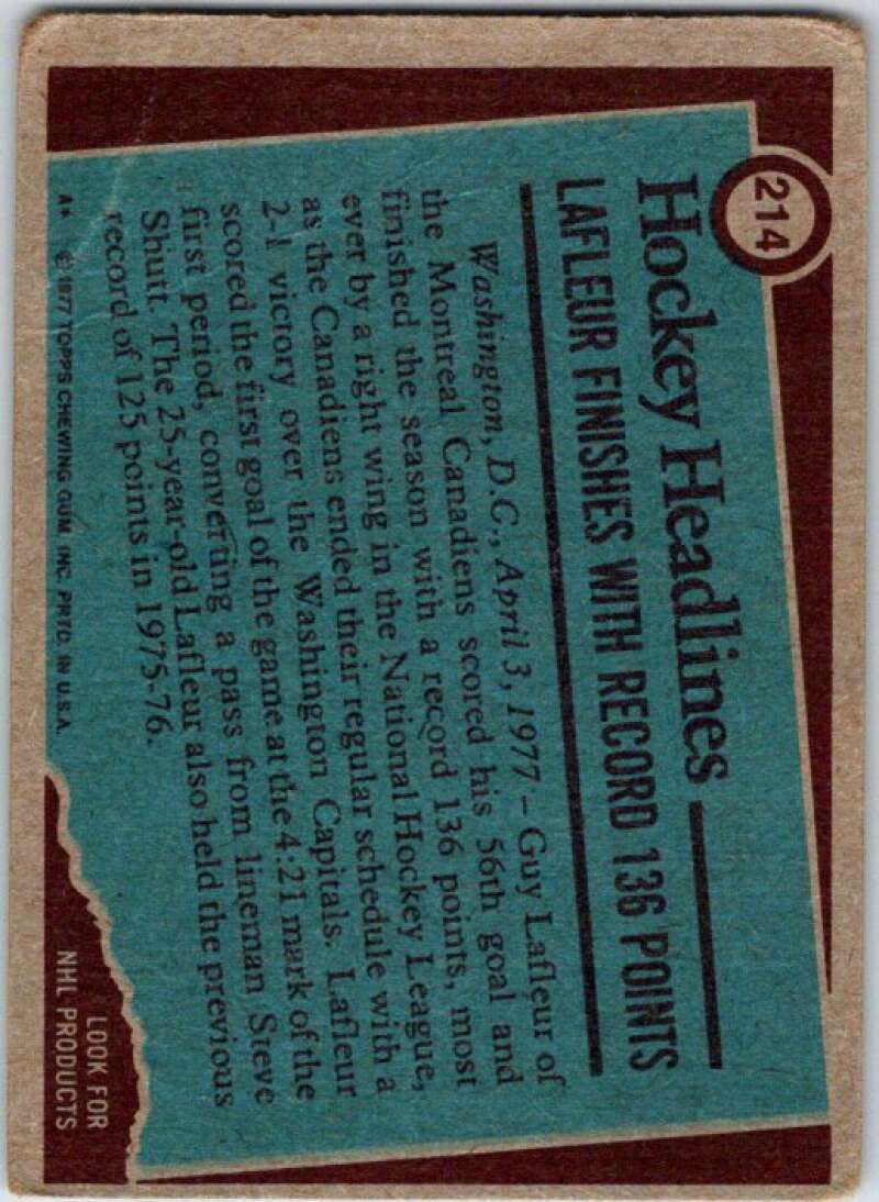 1977-78 Topps #214 Guy Lafleur RB Montreal Canadiens V49373