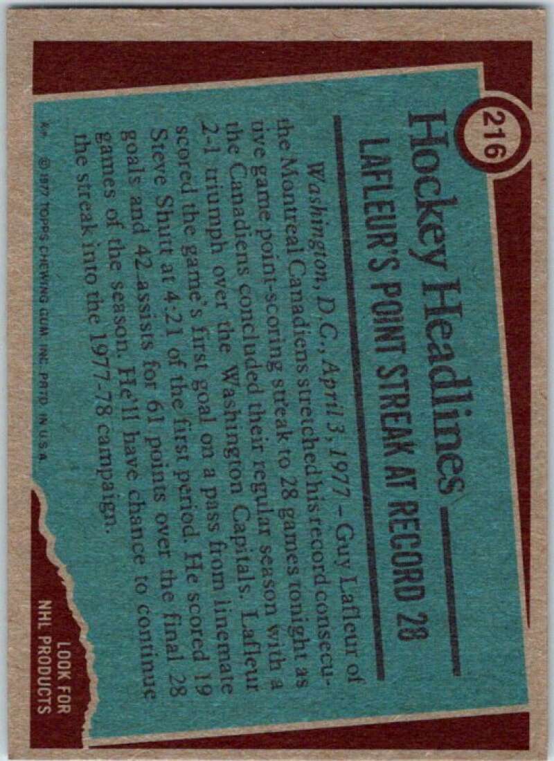 1977-78 Topps #216 Guy Lafleur RB Montreal Canadiens V49376