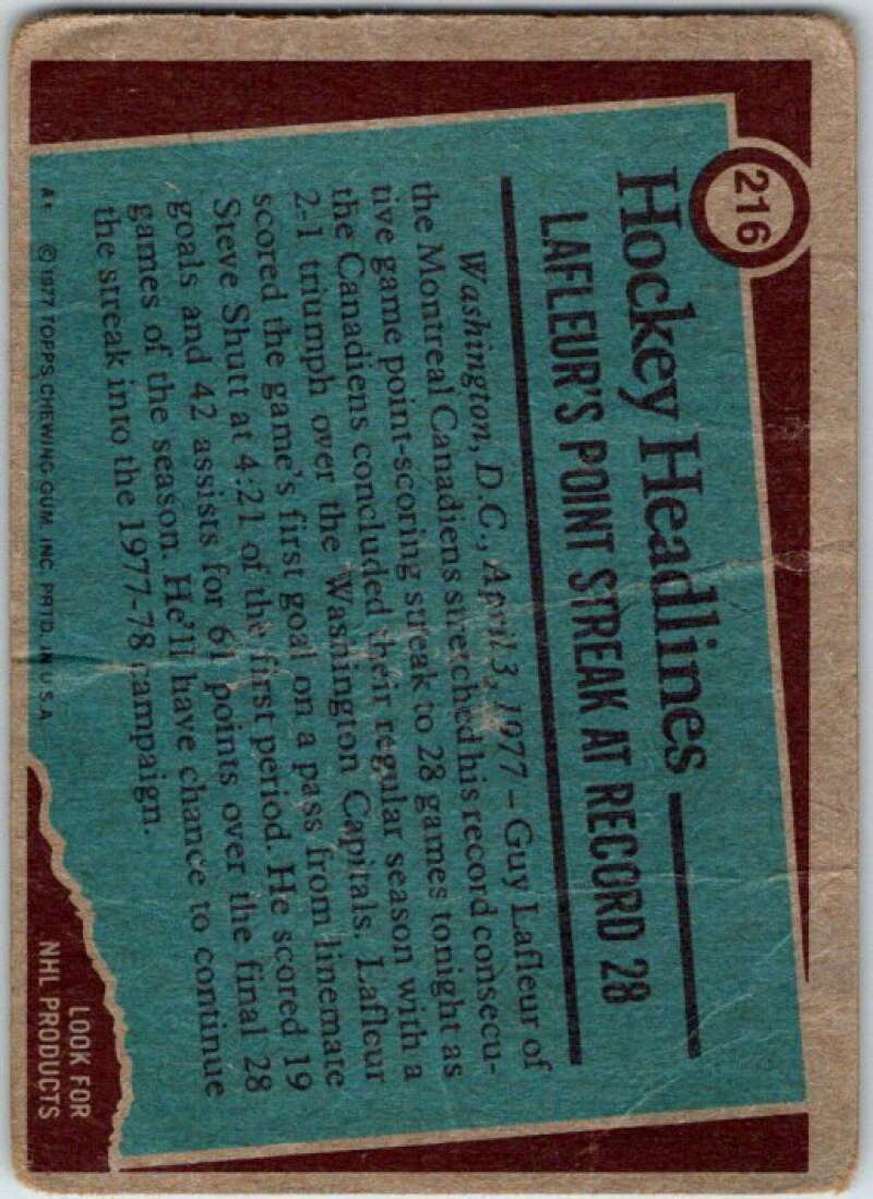 1977-78 Topps #216 Guy Lafleur RB Montreal Canadiens V49377