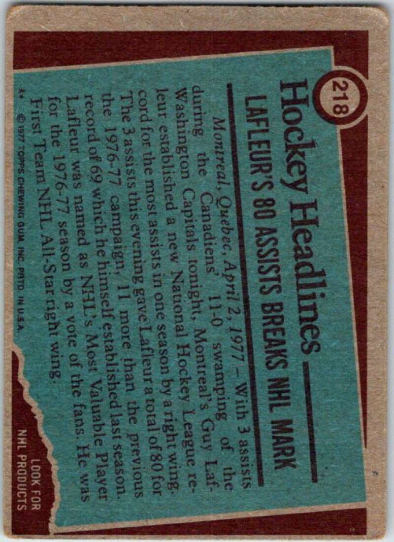 1977-78 Topps #218 Guy Lafleur RB Montreal Canadiens V49380