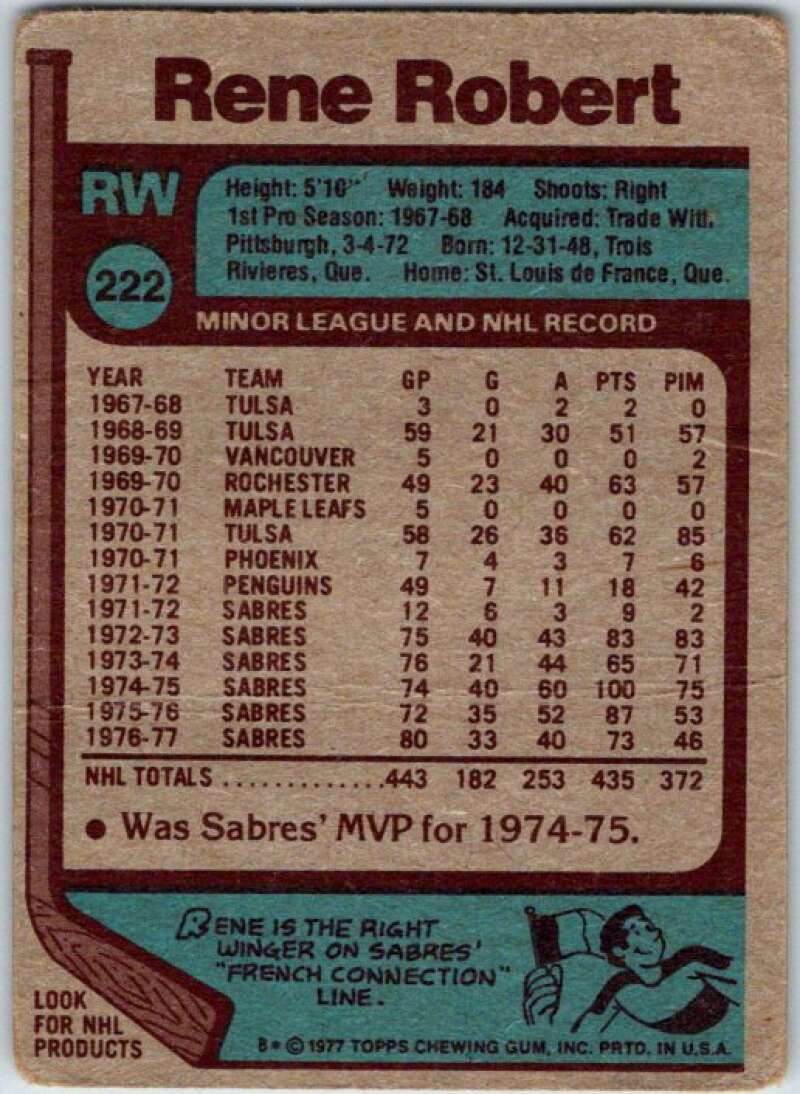 1977-78 Topps #222 Rene Robert Buffalo Sabres V49382