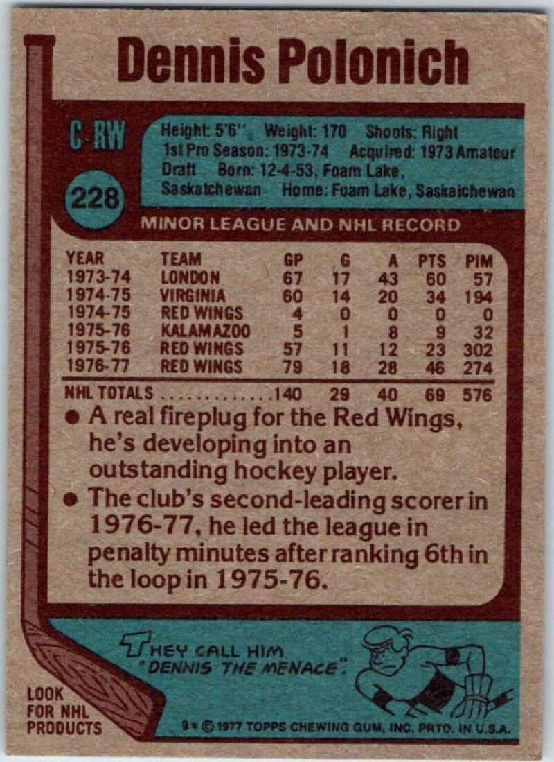 1977-78 Topps #228 Dennis Polonich RC Rookie Detroit Red Wings V49385