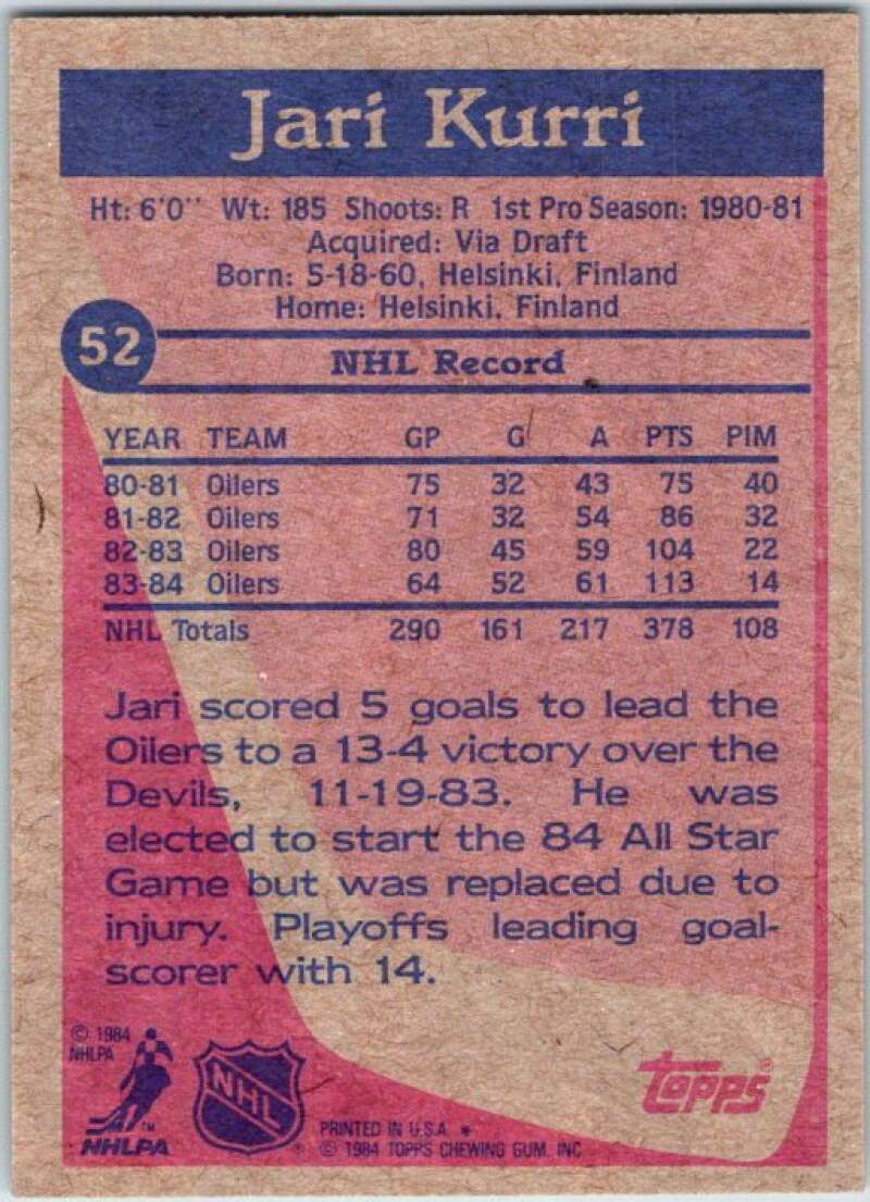 1984-85 Topps #52 Jari Kurri  Edmonton Oilers  V50084