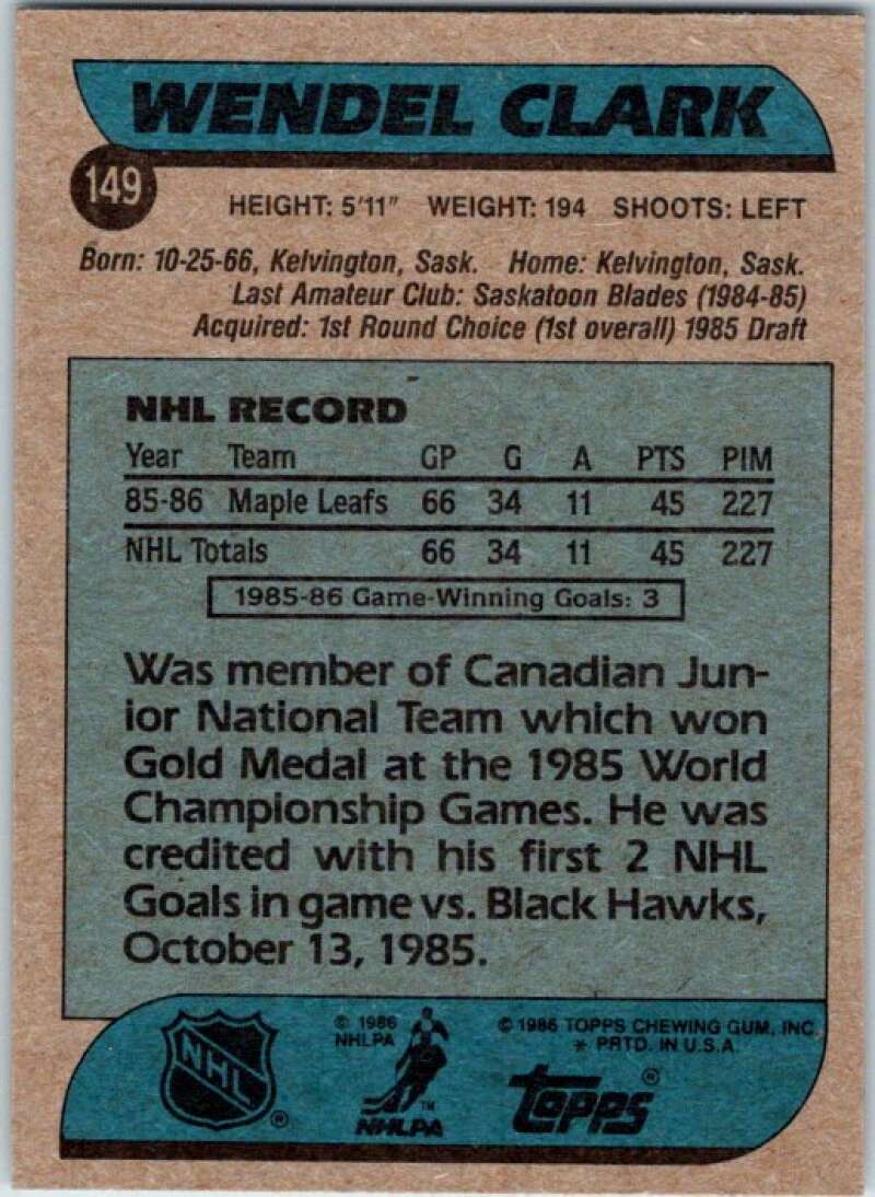1986-87 Topps #149 Wendel Clark RC Rookie Leafs V50185
